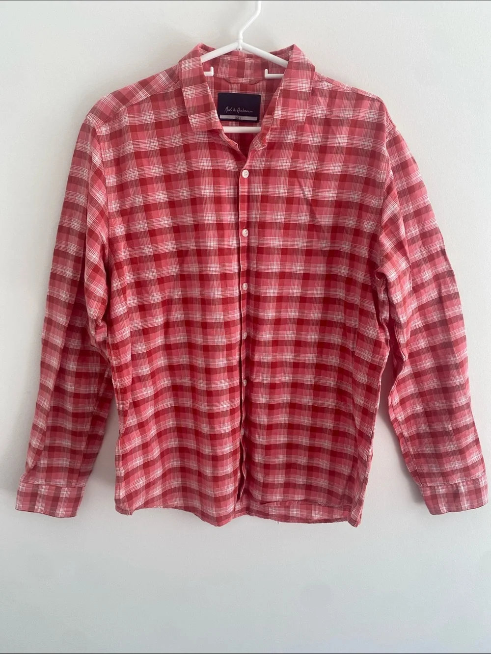 Mast & Harbour Linen Blend Pink White Plaid Madras L/S Button Up Shirt Sz LARGE